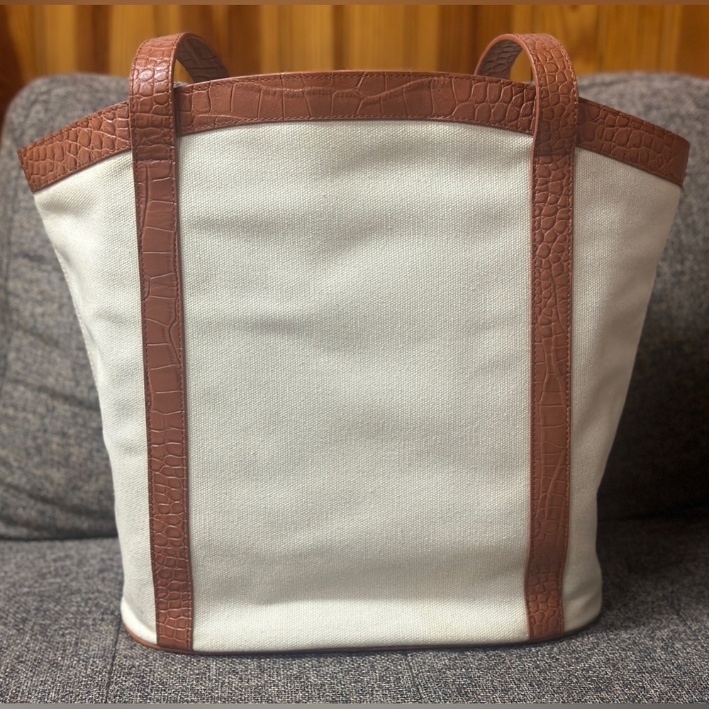 Sancia Minka Canvas and Croc Embossed Cowhide Leather Tote Bag In Cognac/White - Picture 3 of 16